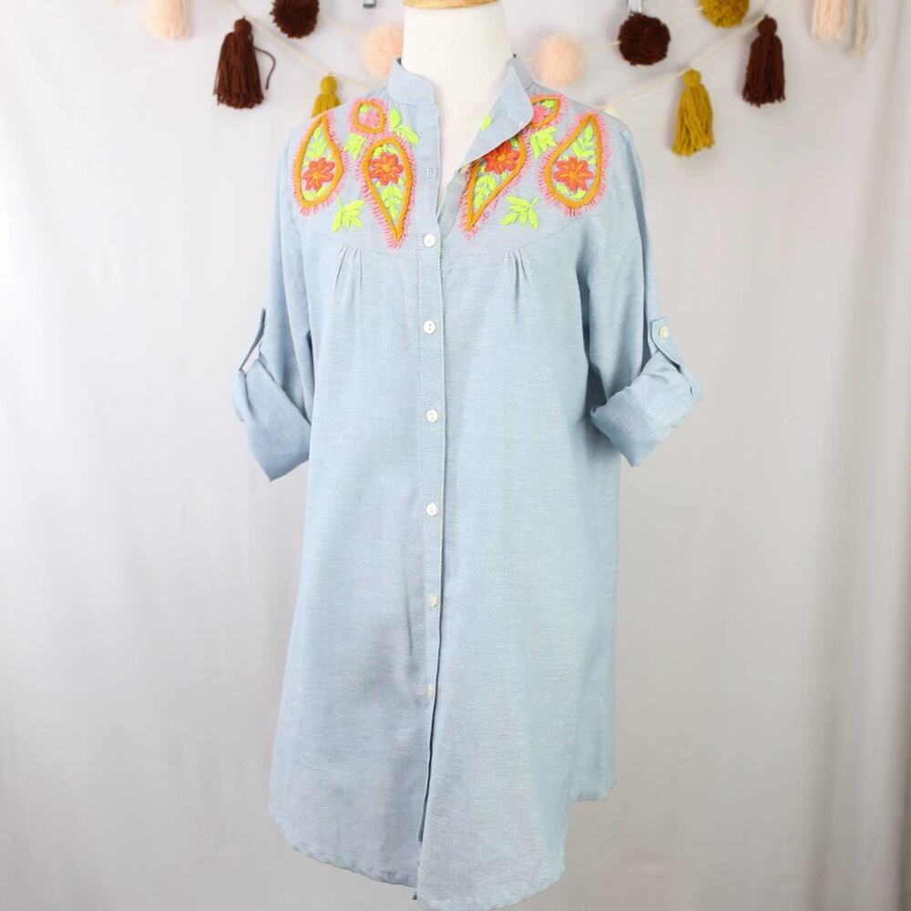 Velzera Blue Chambray Embroidered Button Down Tunic Shirt Dress Size Small